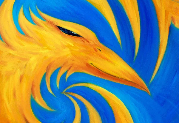 Fogo phoenix no fundo azul, pintura a óleo original, phoenix é cor amarela . — Fotografia de Stock