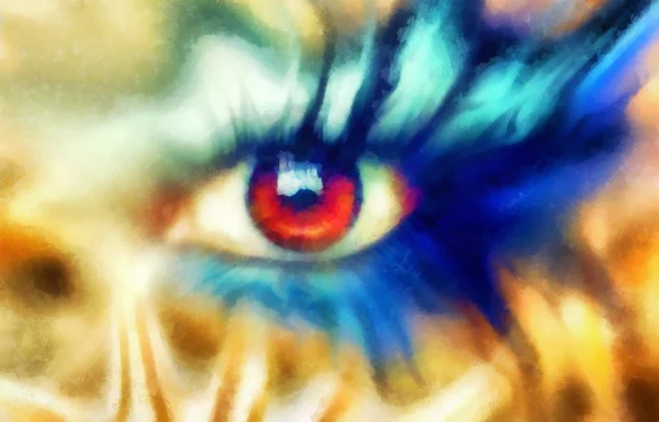 Oczy kobiety rozpromieniony, efekt kolorystyczny, obraz kolażu, niebieski makijaż — Zdjęcie stockowe