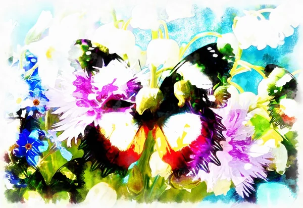 Abstract Flower  with butterfly, computer collage painting. — Stock Photo, Image