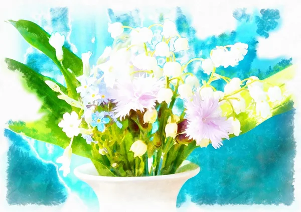 아름 다운 기타 꽃 꽃병, 컴퓨터 수채화 그림, — 스톡 사진