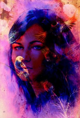 Genç kadın portre ve mavi göz, kuş, resim ve noktalar yapısı, arka plan rengi