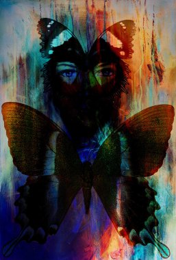  illustration of a  color butterfly and woman eye, mixed medium 