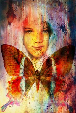 young girl angelic face and a butterfly. Structure and color Collage art