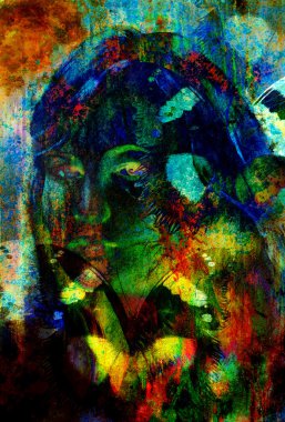 Kadın melek yüzü ve bir kelebek. Yapı ve renk kolaj sanat