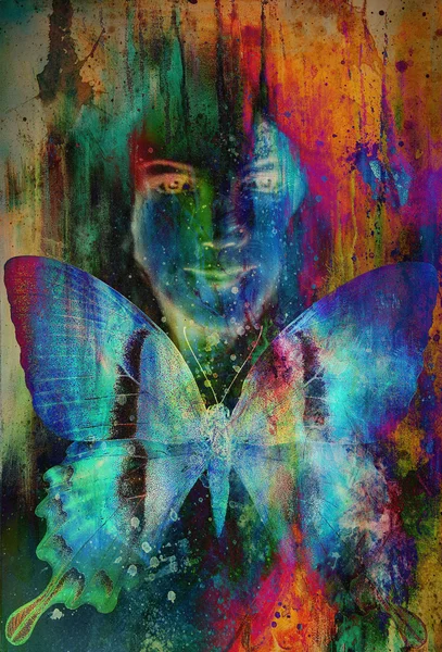 Young girl angelic face and a butterfly. Structure and color Collage art — Φωτογραφία Αρχείου