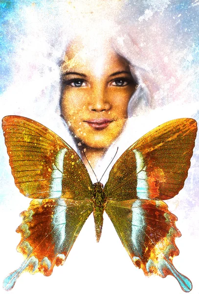 Young girl angelic face and a butterfly. Structure and color Collage art — Stock fotografie