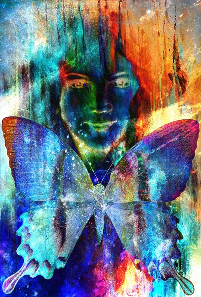 Young girl angelic face and a butterfly. Structure and color Collage art — Φωτογραφία Αρχείου