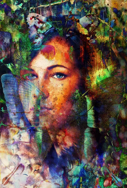 Retrato de mujer joven, con pelo largo oscuro y ojo azul, pintura de color y estructura de manchas, fondo abstracto — Foto de Stock