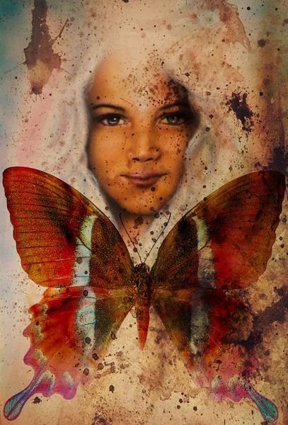 Молодая девушка ангельское лицо и бабочка. Структура и цвет — стоковое фото