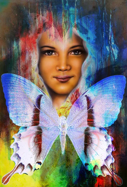 Young girl angelic face and a butterfly. Structure and color Collage art — ストック写真