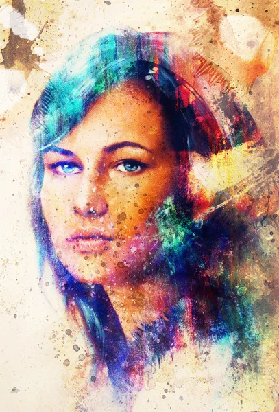 Портрет молодої жінки, з довгим темним волоссям і блакитним оком, кольоровий живопис і структура плям, абстрактний фон — стокове фото
