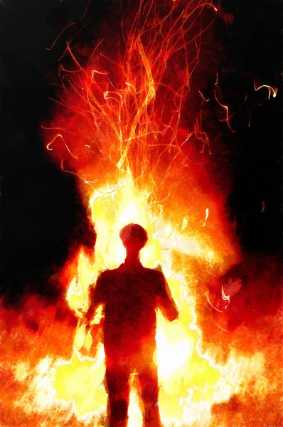 Людина на фоні літньої вечірки вогню. Колапс комп'ютера Aquarell — стокове фото