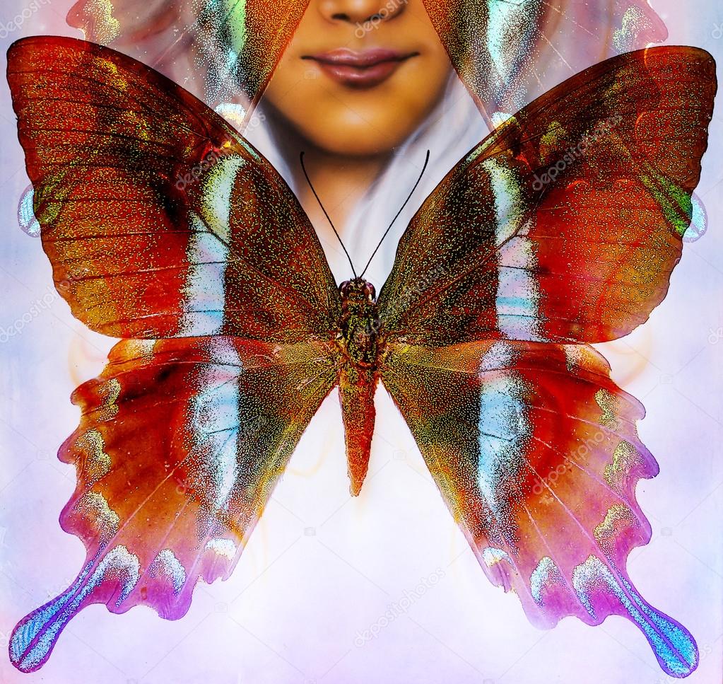 illustration of a color butterfly and woman face,  mixed medium, black background