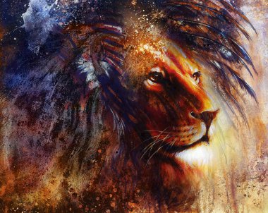 lion face profile portrait, on colorful abstract  background..