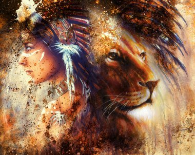 Indian woman wearing  feather headdress with lion and abstract color collage