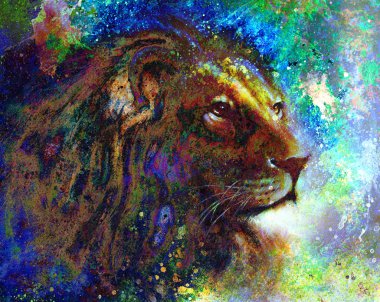 lion face profile portrait, on colorful abstract  background..