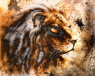 Lion collage on color abstract  background,  rust structure, wildlife animals