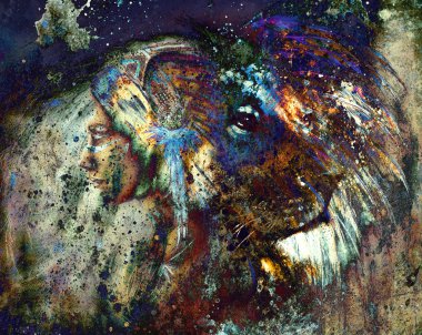 Indian woman wearing  feather headdress with lion and abstract color collage
