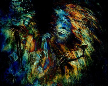 Indian woman wearing  feather headdress with Lion and abstract color collage