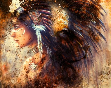 Indian woman wearing  feather headdress with lion and abstract color collage