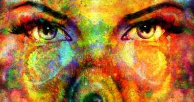 Illustration of a color butterflies and woman eye, mixed medium, abstract color background
