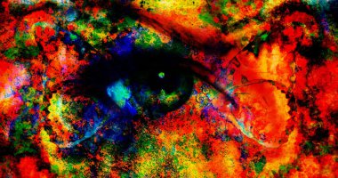 Illustration of a color butterflies and woman eye, mixed medium, abstract color background