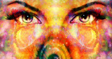 Abstract color Backgrounds, and woman eye with butterflies . painting collage with spots, rust structure