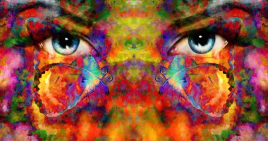 Pair of beautiful blue women eyes beaming, color rust effect, painting collage, with butterfly