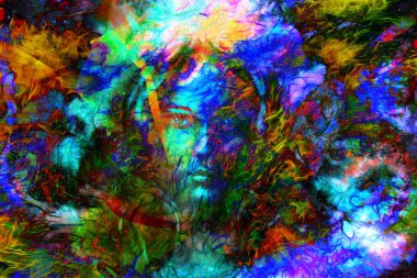 Mystic face women with butterflies, color background collage. eye contact