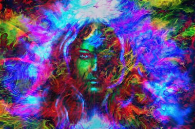 Mystic face women with butterflies, color background collage. eye contact