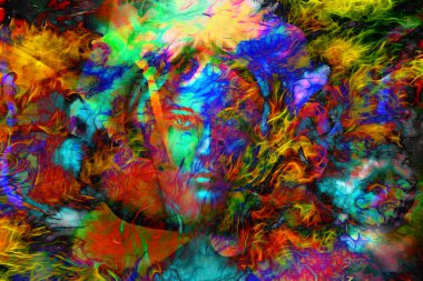 Mystic face women with butterflies, color background collage. eye contact