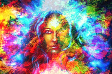 Mystic face women with butterflies, color background collage. eye contact