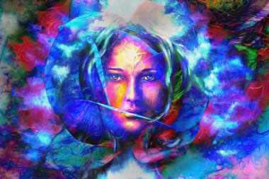 Mystic face women in flwer, with color background collage. eye contact