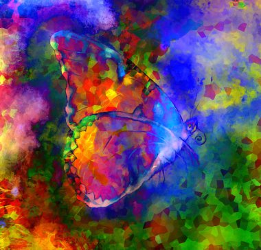 Illustration of a  color butterfly, mixed medium, abstract color background