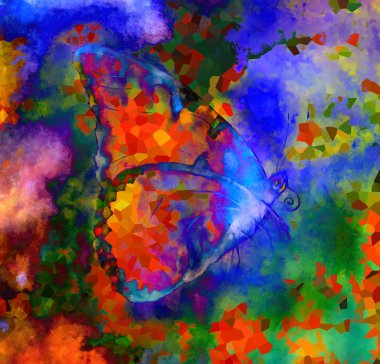Illustration of a  color butterfly, mixed medium, abstract color background