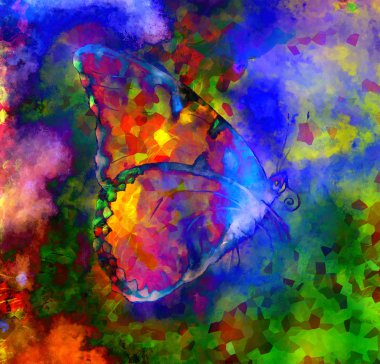 Illustration of a  color butterfly, mixed medium, abstract color background