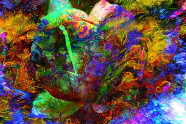 Abstract color Backgrounds and flower, painting collage, Fire fractal effect, red, green and orange collage.