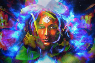 Mystic face women with butterflies, color background collage. eye contact