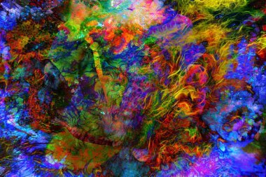 Abstract color Backgrounds and flower, painting collage, Fire fractal effect, red, green and orange collage.