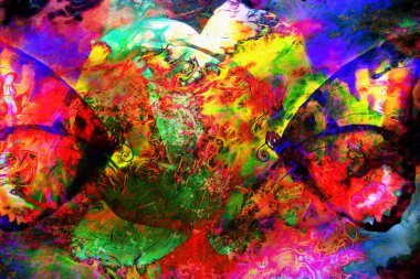 Illustration of a  color butterfly with flower, mixed medium, abstract color background