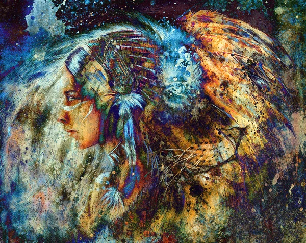 Indian woman wearing  feather headdress with lion and abstract color collage — Φωτογραφία Αρχείου