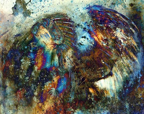 Indian woman wearing  feather headdress with lion and abstract color collage