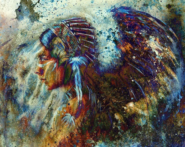 Indian woman wearing  feather headdress and abstract color collage — 图库照片