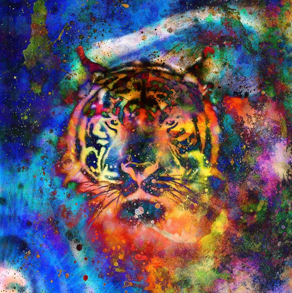 Коллаж тигра на цветном абстрактном фоне, структура ржавчины, животные дикой природы — стоковое фото