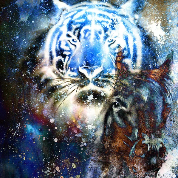 Colagem de tigre em fundo abstrato cor, estrutura de ferrugem, animais selvagens — Fotografia de Stock