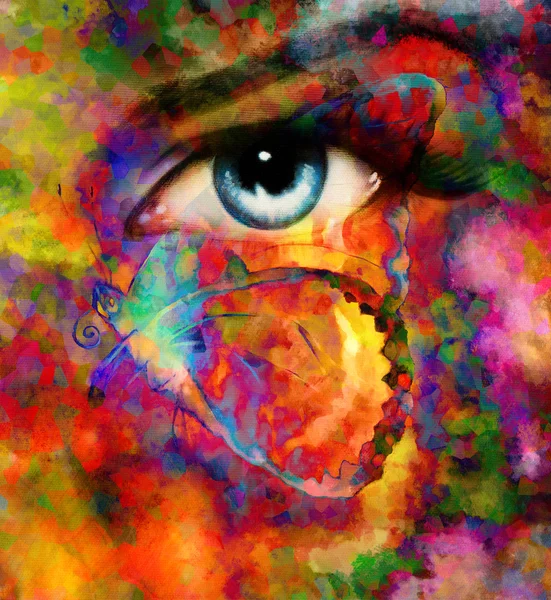Cor borboletas e olho de mulher, meio misto, fundo de cor abstrato . — Fotografia de Stock