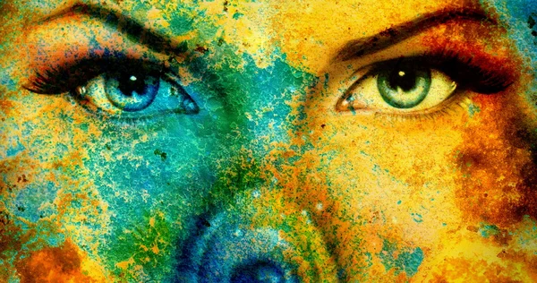 Иллюстрация цветных бабочек и женского глаза, смешанный средний, абстрактный цвет фона — стоковое фото