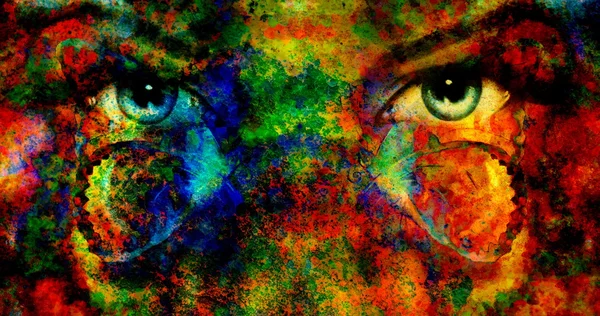 Paire de beaux yeux bleus de femmes rayonnant, effet rouille de couleur, collage de peinture, avec papillon — Photo