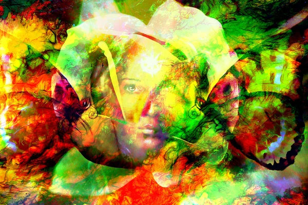 Mystic face women with butterflies, color background collage. eye contact — Stock Photo, Image