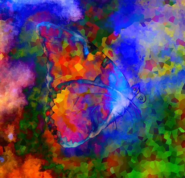 Illustration of a  color butterfly, mixed medium, abstract color background — Stok fotoğraf